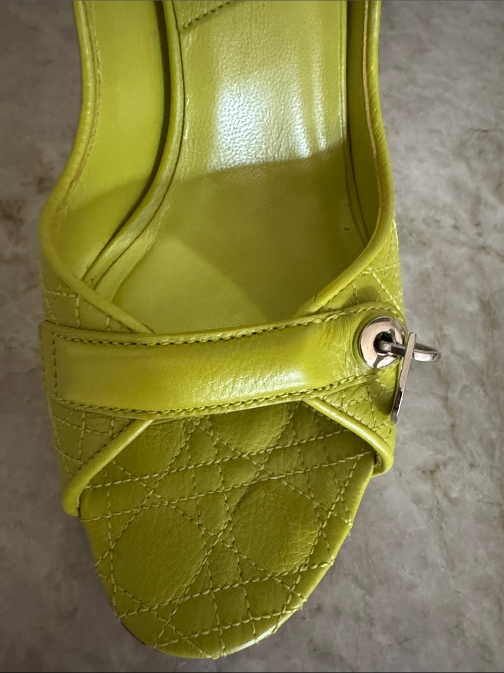 Dior Lime Green Quilted Peep-Toe Leather Pumps - Picture 9 of 10